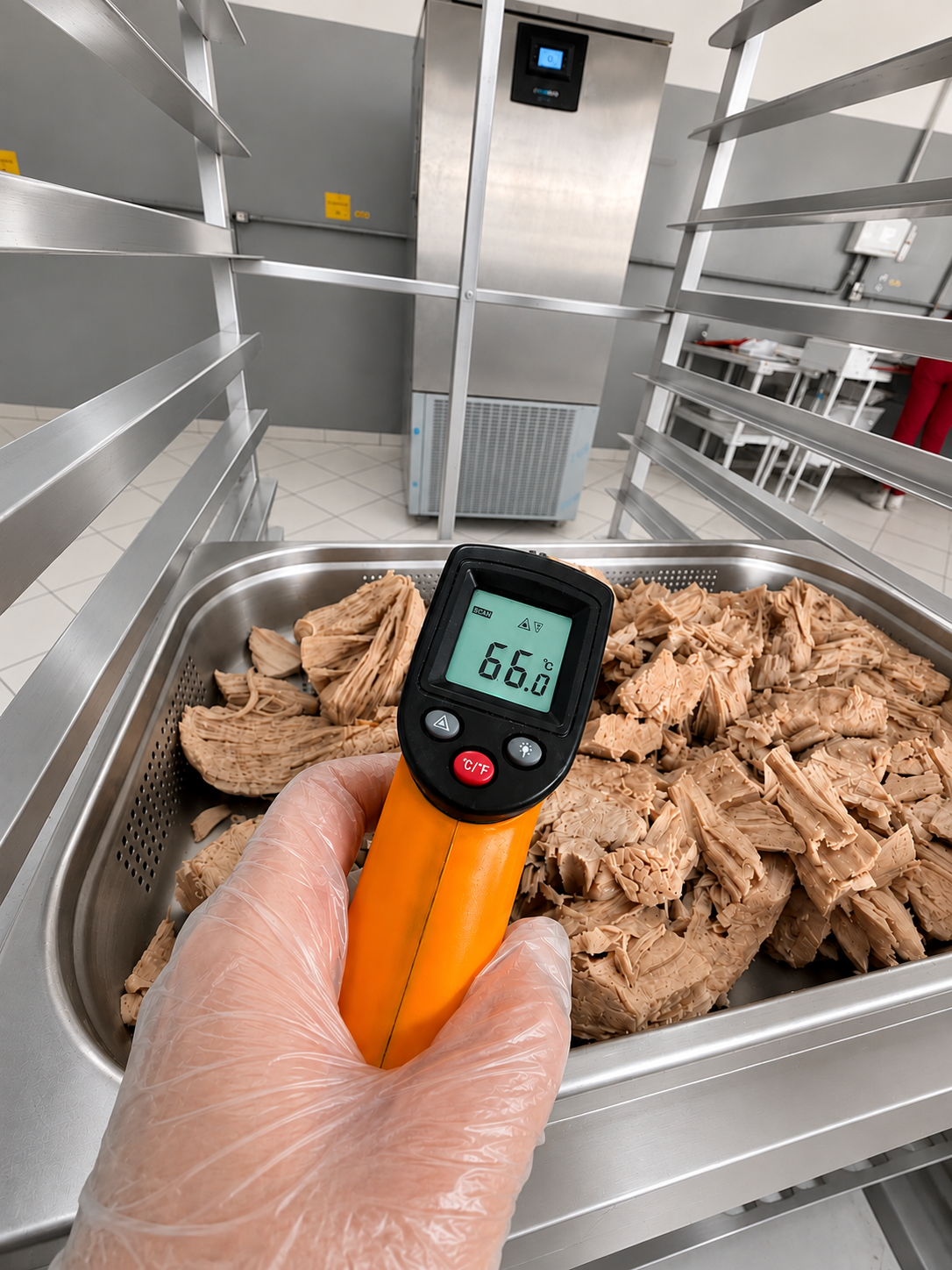 Controle de temperatura dos ingredientes na cozinha de produção da Meu Pet Nutri