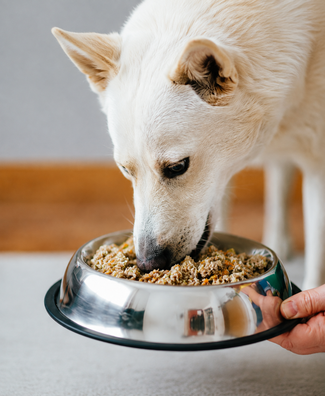 Cão branco comendo refeição natural em tigela de inox