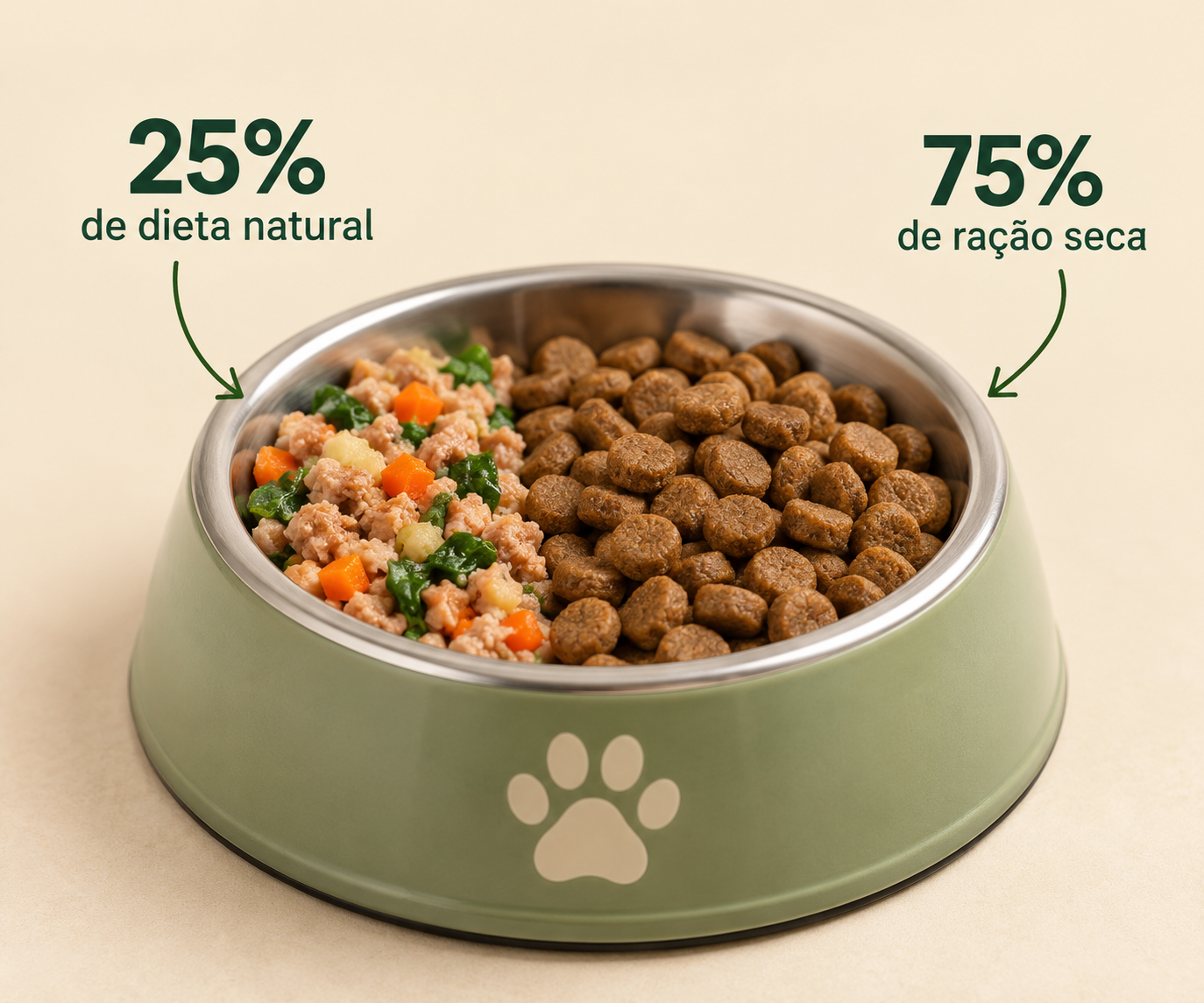 Tigela dividida com 25% de dieta natural e 75% de ração seca