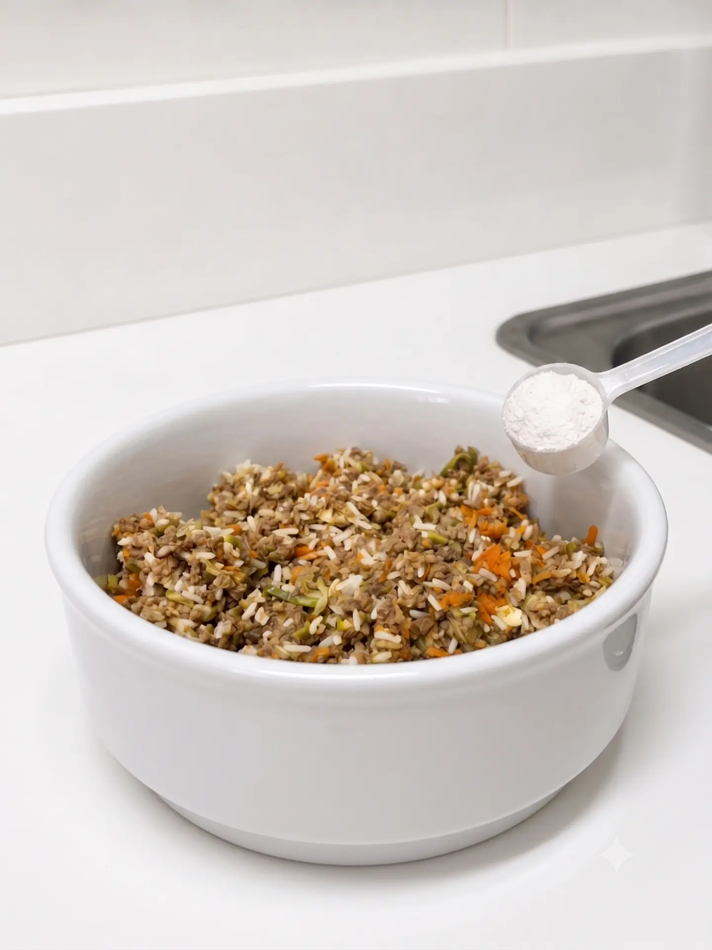 Tigela de alimentação natural MPN com suplementação em cozinha de produção